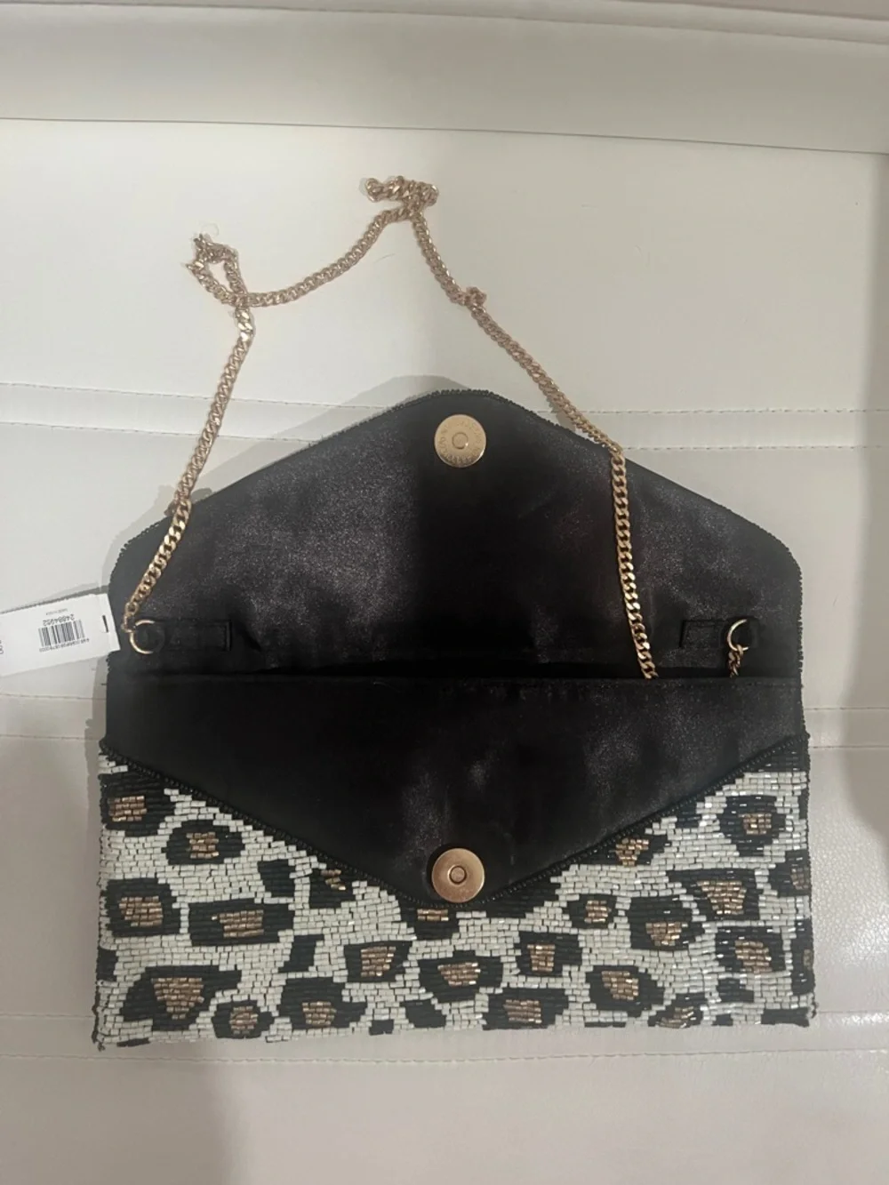 Express Beaded Leopard Envelope Clutch - Black, White & Gold NWT‎ - Picture 7 of 10